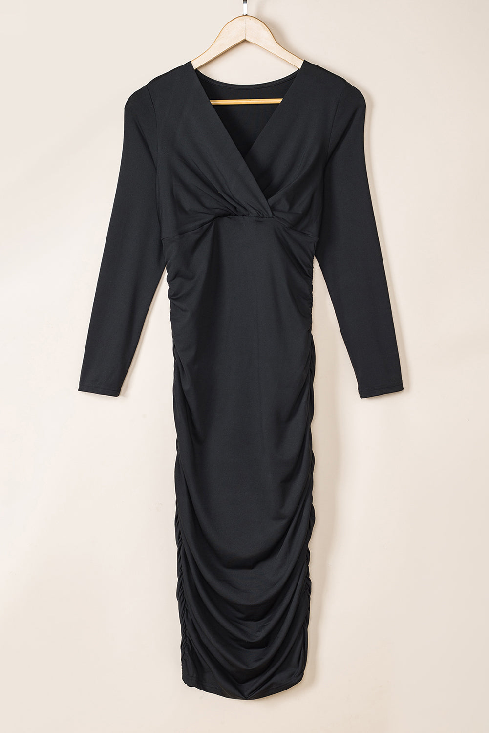 Black Long Sleeves Wrap V Neck Ruched Sheath Midi Dress