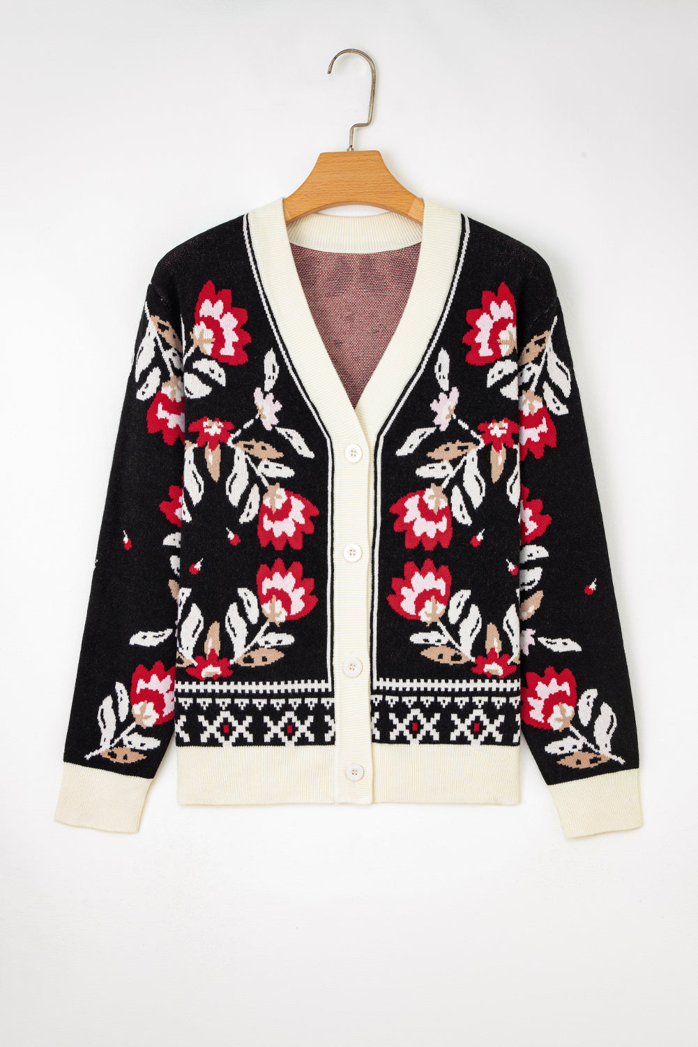 Black Floral Print Buttoned Front V Neck Knit Cardigan