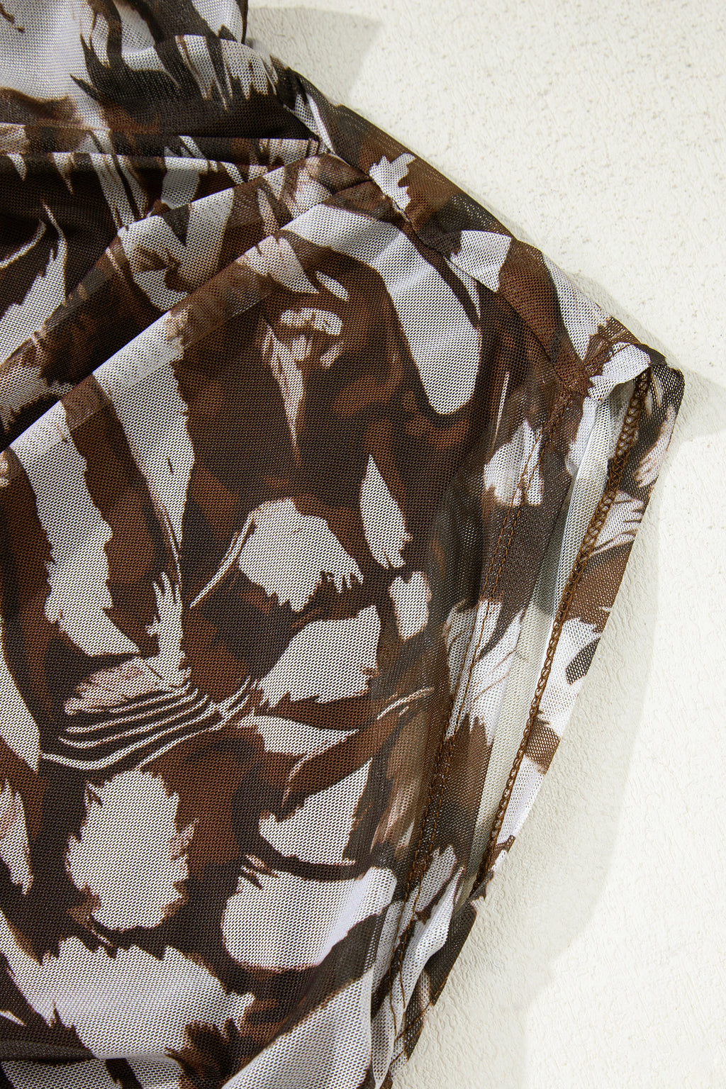 Brown Abstract Print Mesh Cowl Neck Cap Sleeve Ruched Midi Dress with Slit