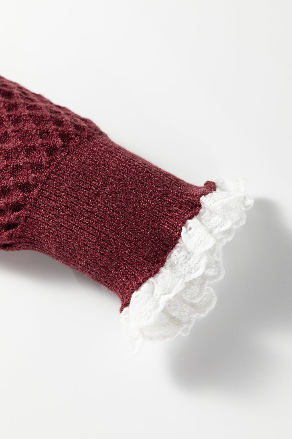 Burgundy Contrast Lace Frilled Trim Raglan Sleeve Sweater