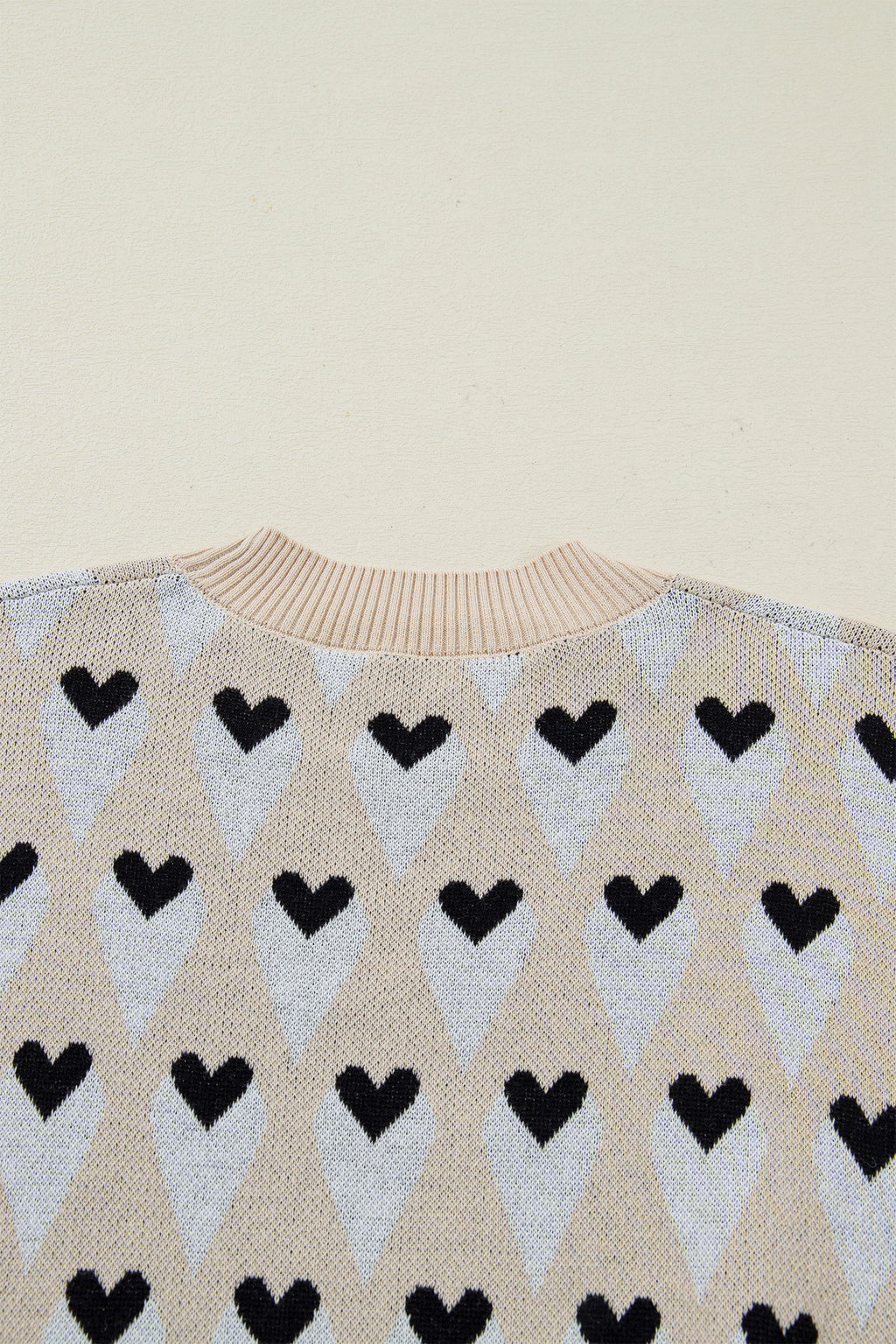 Parchment Geometric Heart Print Ribbed Trim Loose Sweater