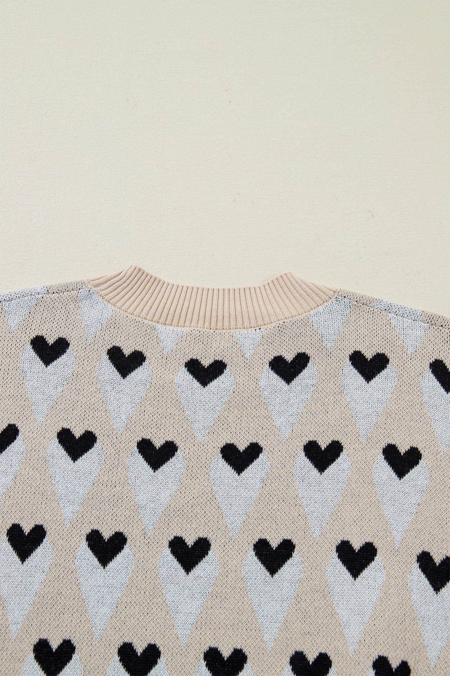 Parchment Geometric Heart Print Ribbed Trim Loose Sweater