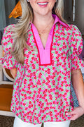 Rose Blooms Floral Collared V Neck Short Puff Sleeve Blouse Top