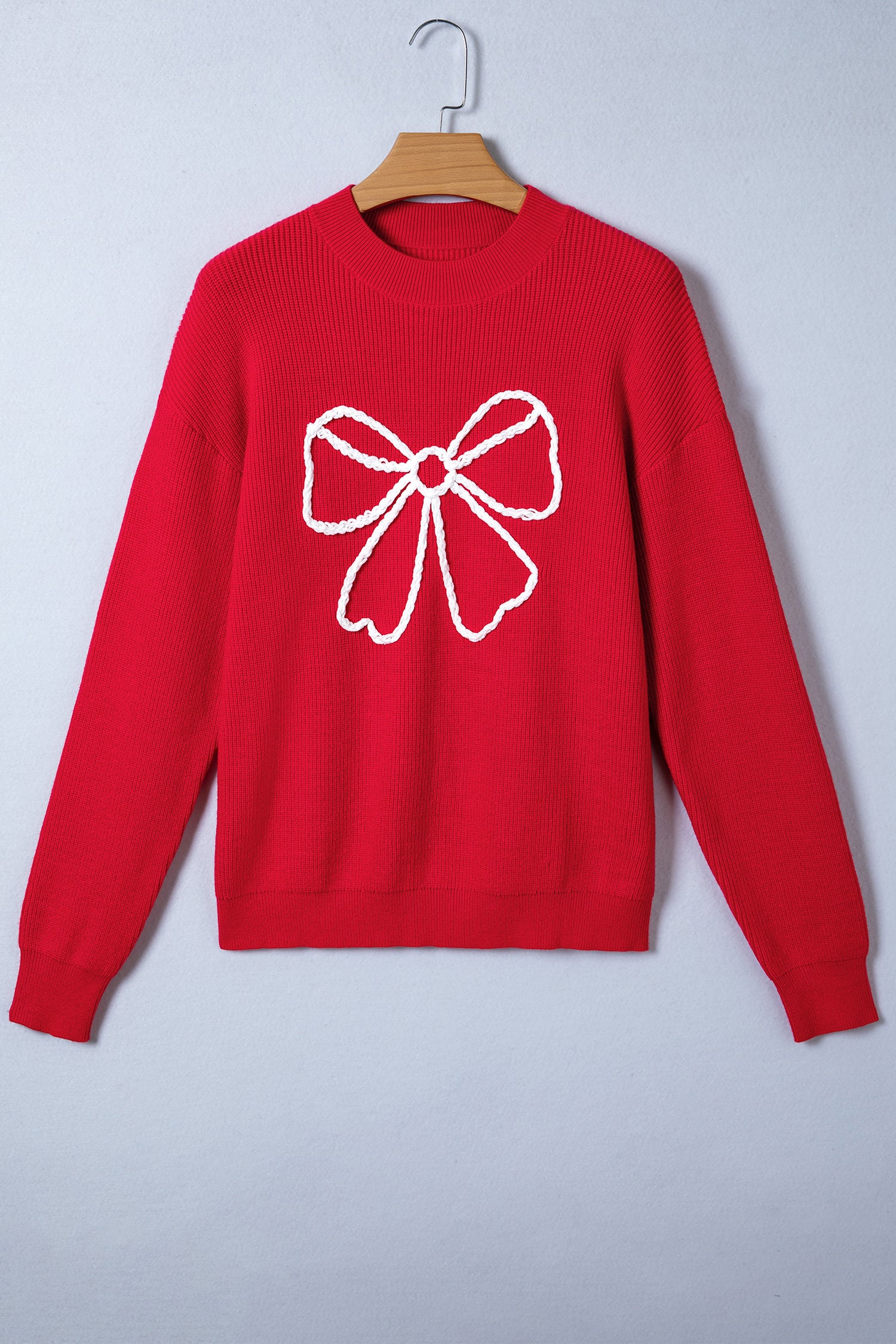 Fiery Red Bow Embroidered Graphic Ribbed Sweater Top