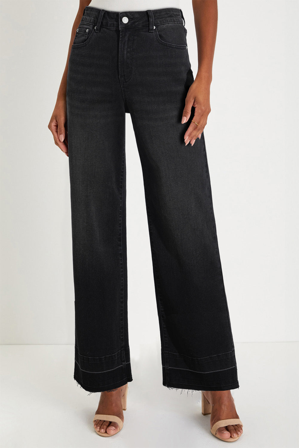 Black Raw Hem Unique Cuffs Straight High Rise Loose Jeans
