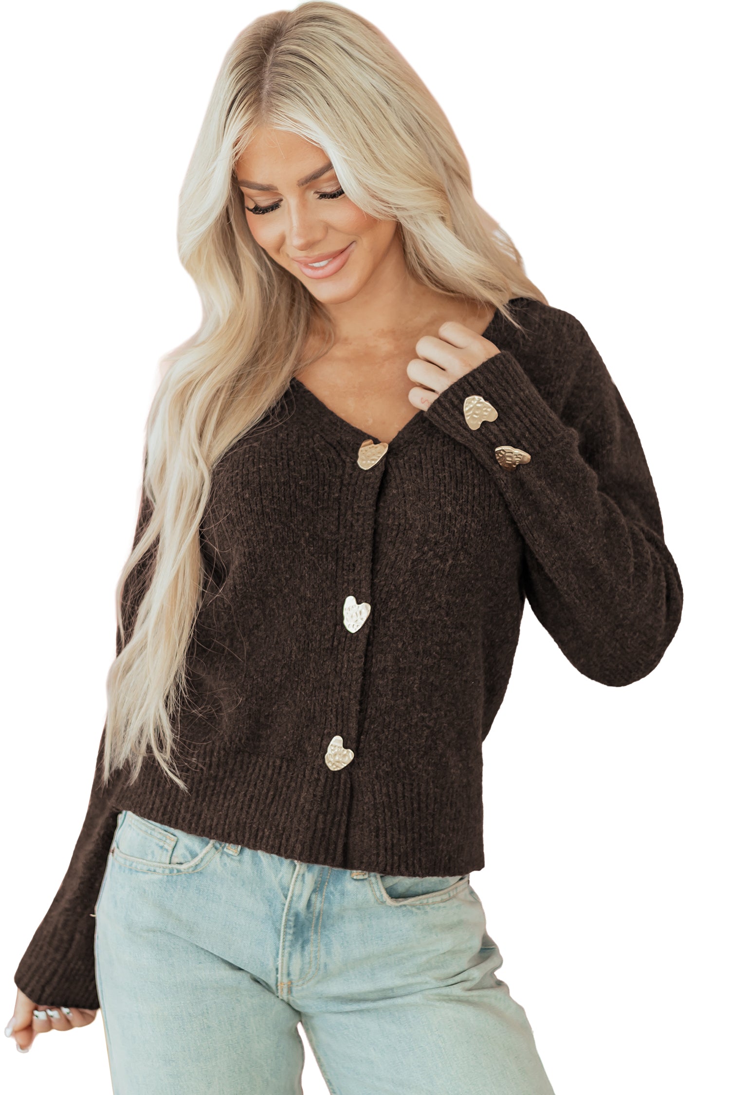 Chicory Coffee Heart Metal Button V Neck Cardigan Sweater