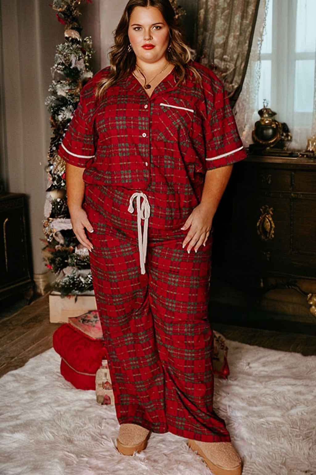 Red Plus Size Plaid Short Sleeve Shirt Loose Pants 2pcs Pajama Set