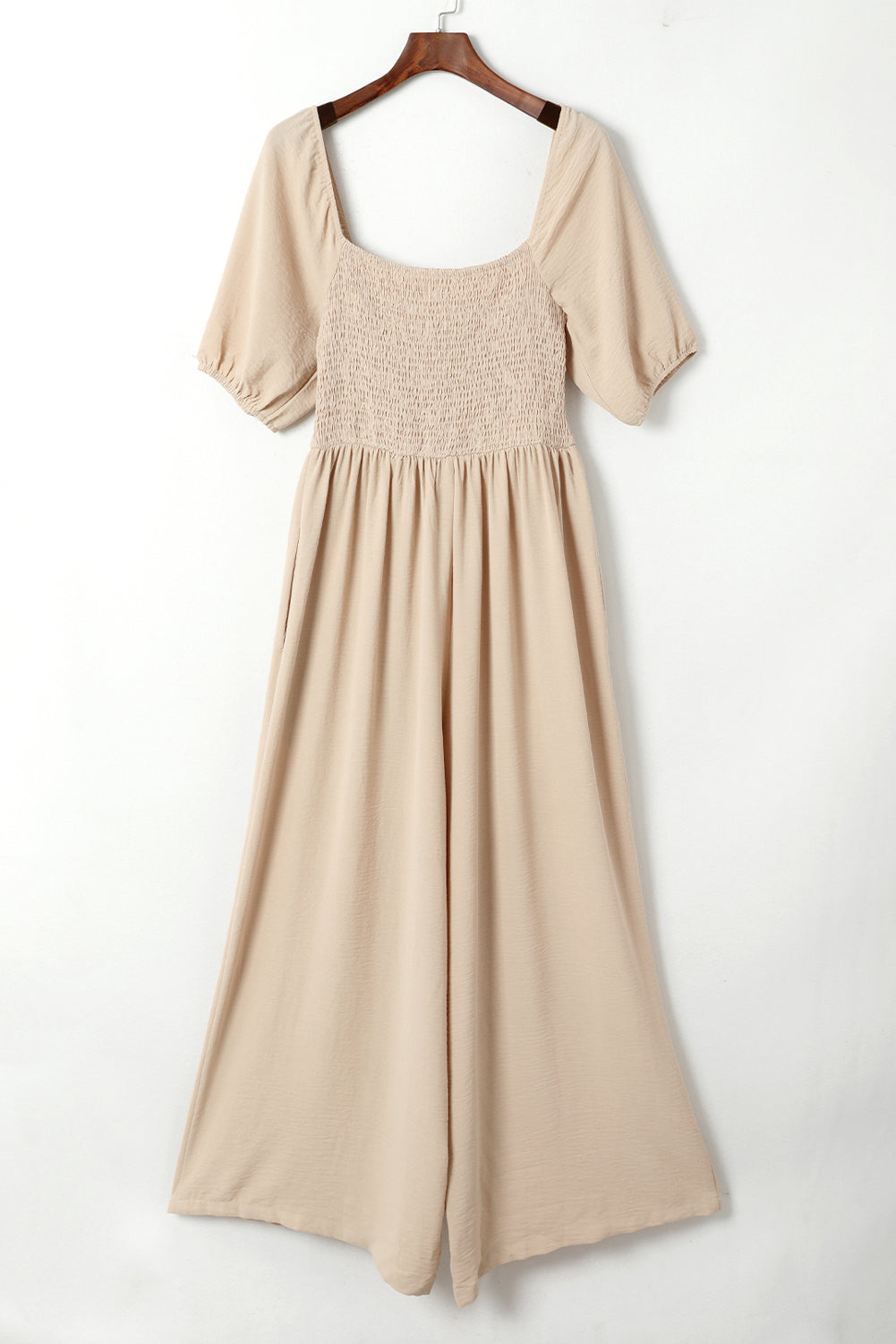 Apricot Short Bubble Sleeve Smocked Wide Leg Jumpsuit