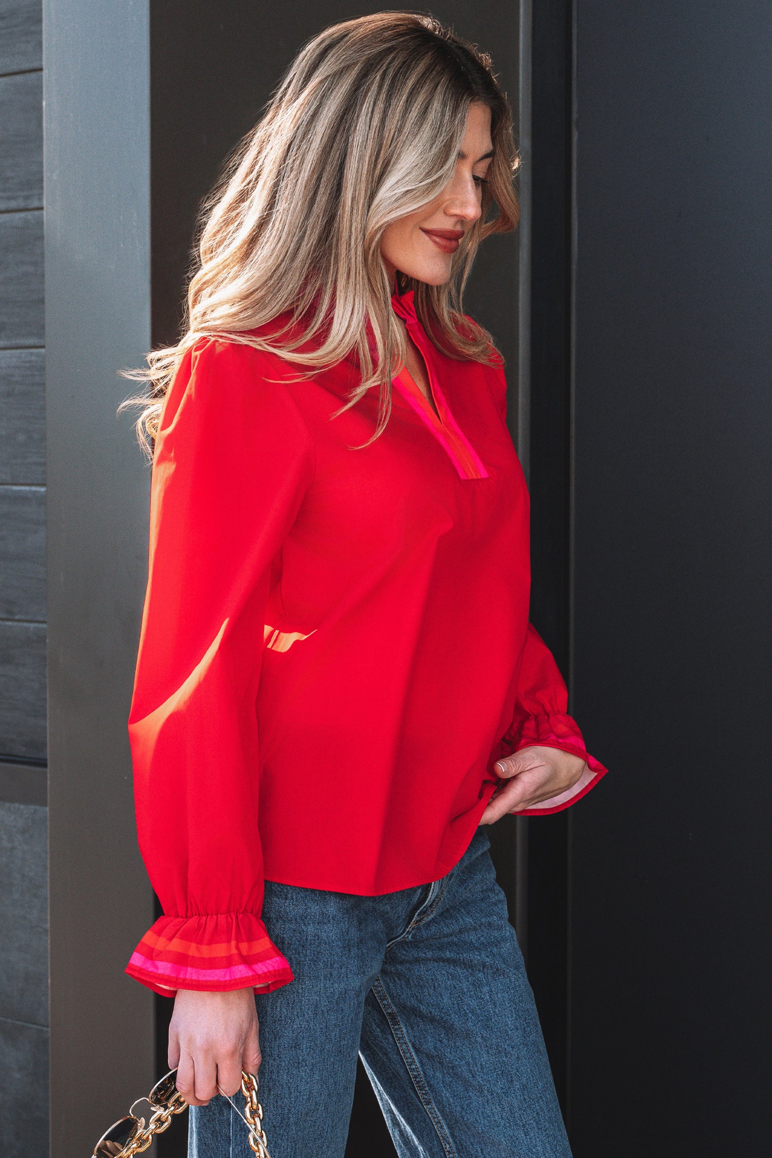 Fiery Red Striped Trim Ruffle Split Neck Long Sleeve Blouse