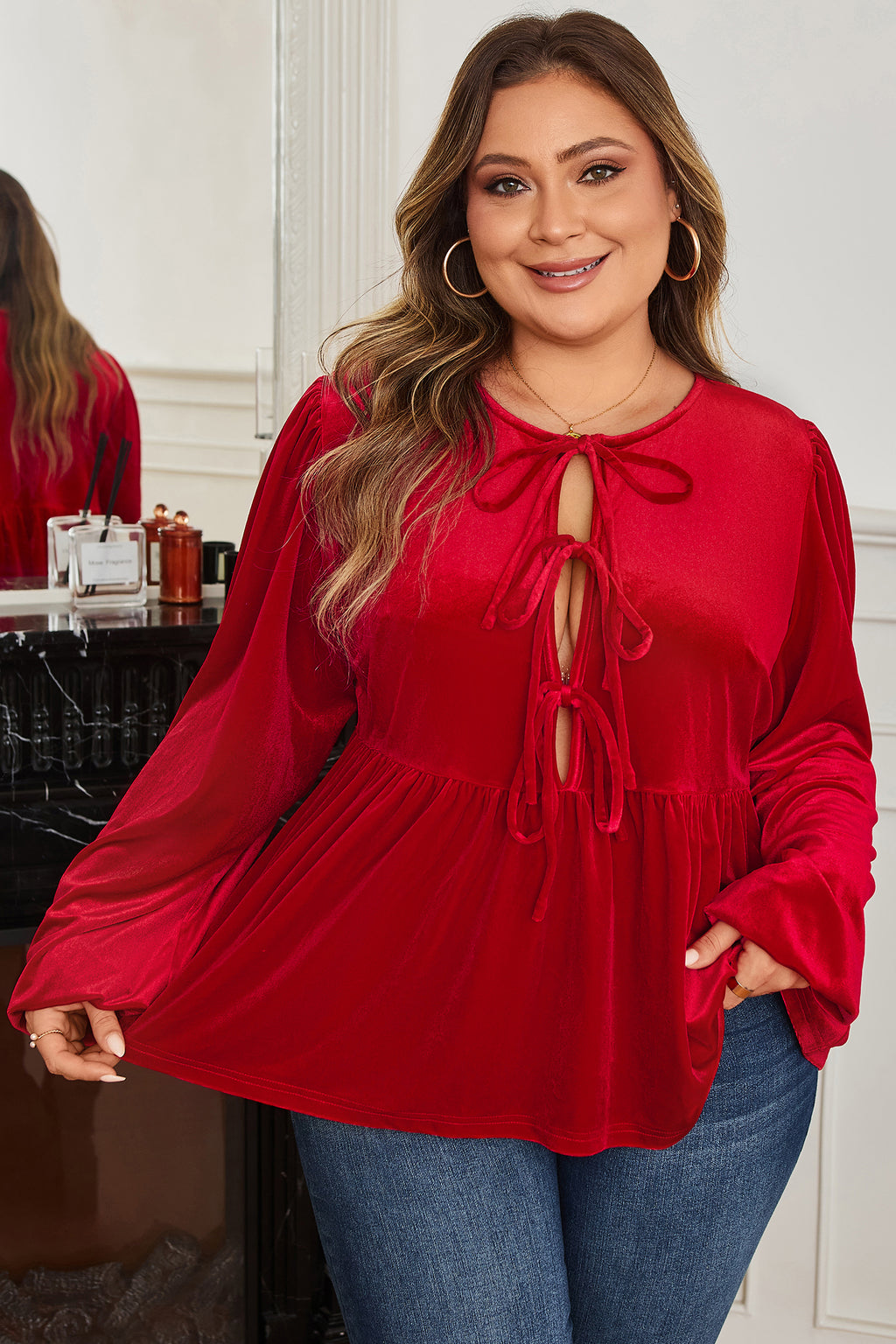 Red Clay Plus Size Tie Front Velvet Peplum Blouse