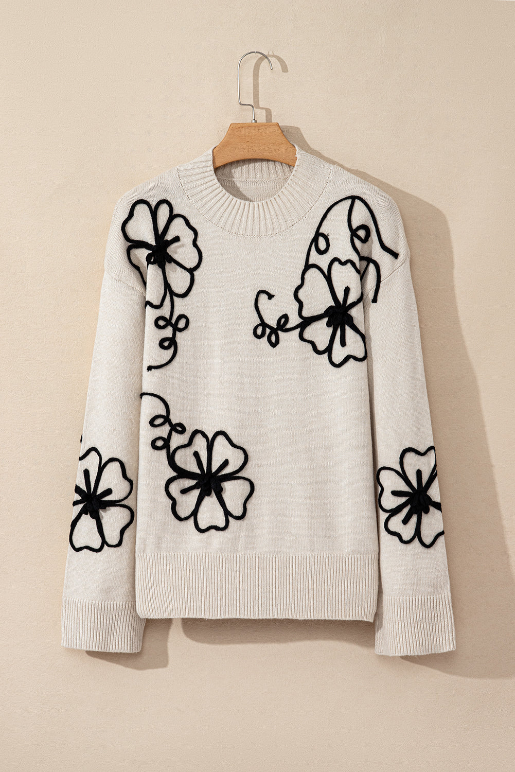 Beige Flower Stitching Mock Neck Sweater