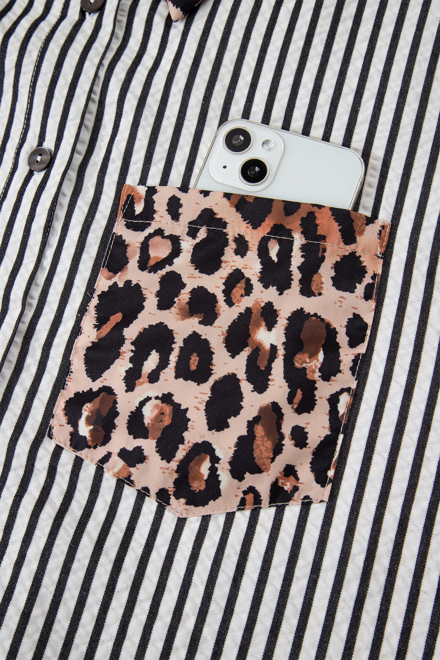 Black Striped Leopard Print Patchwork Button Up Womens Shirt