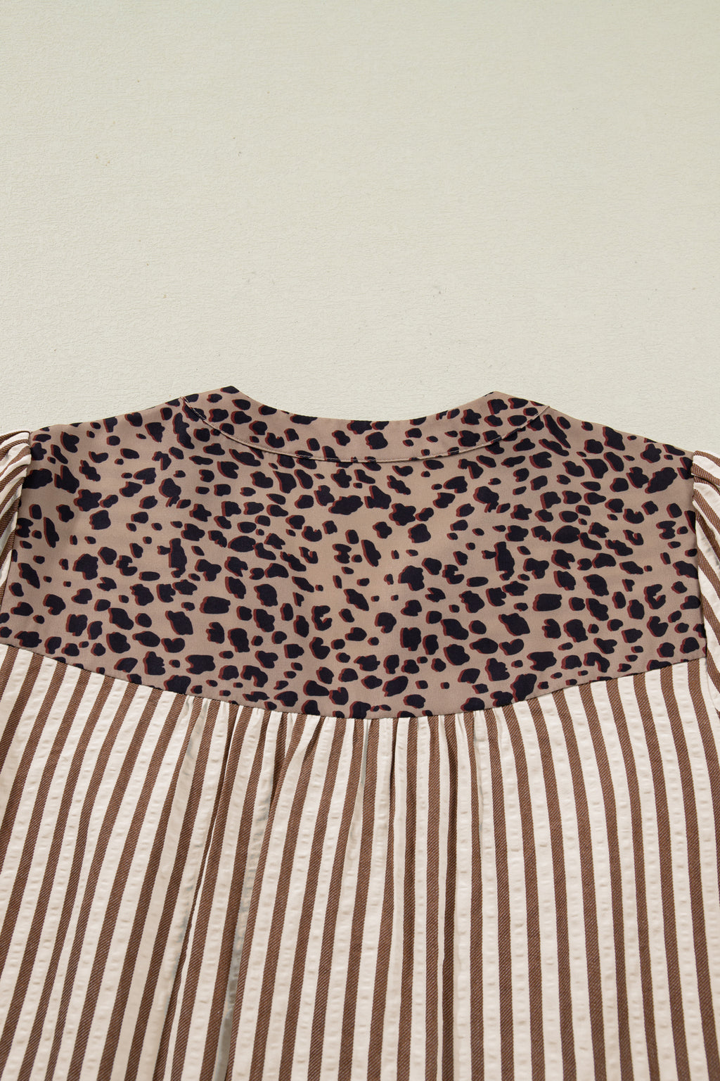 Brown Stripe Leopard Trim V Neck Button Down Half Sleeve Shirt