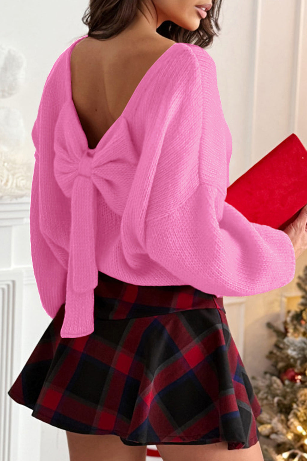 Bonbon Festive Bow Backless Bubble Sleeve Sweater