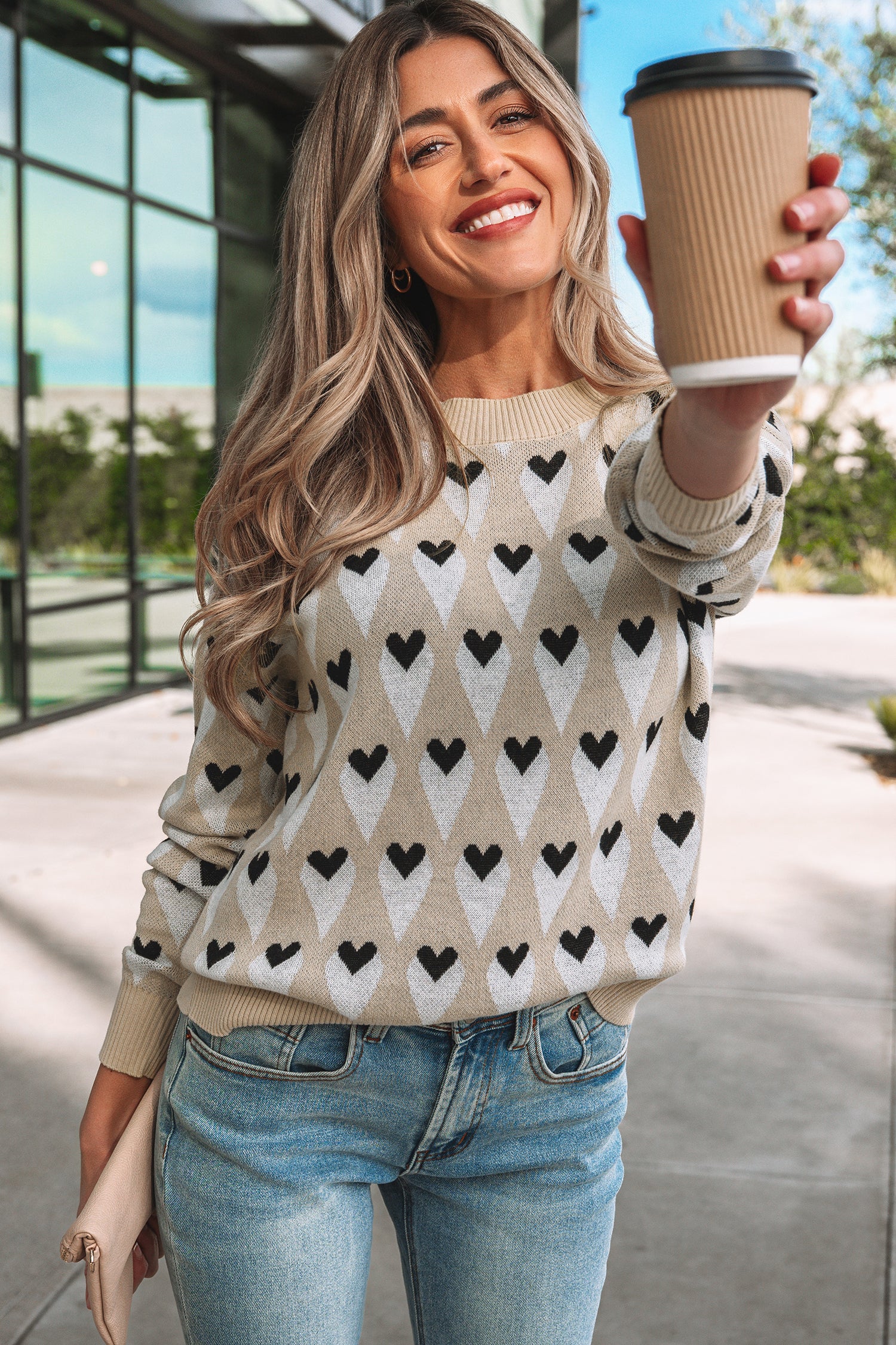Parchment Geometric Heart Print Ribbed Trim Loose Sweater