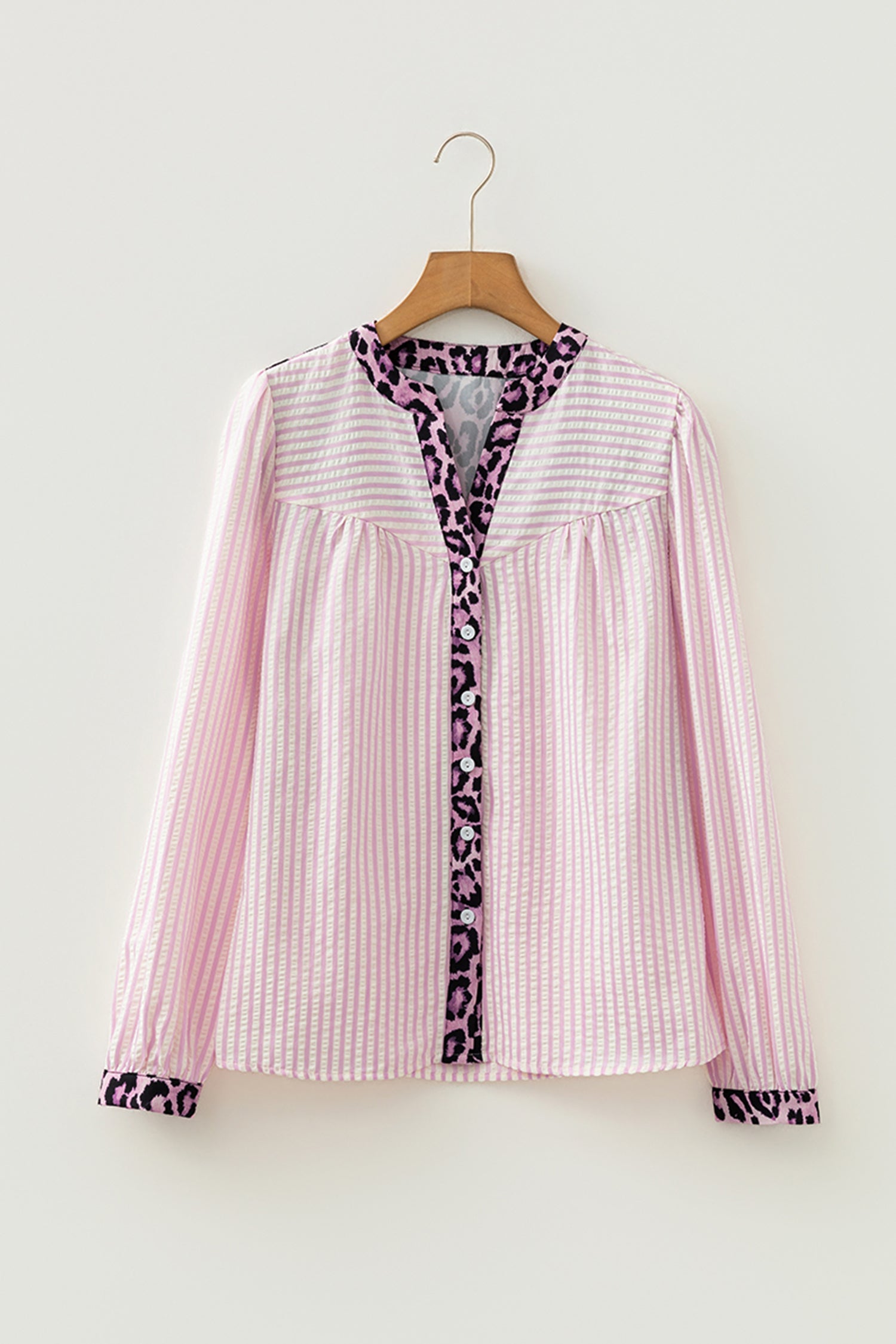 Pink Stripe Leopard Patchwork Long Sleeve Shirt