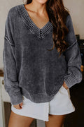 Black Mineral Wash V Neck Knit Exposed Seam Drop Shoulder Loose Sweater