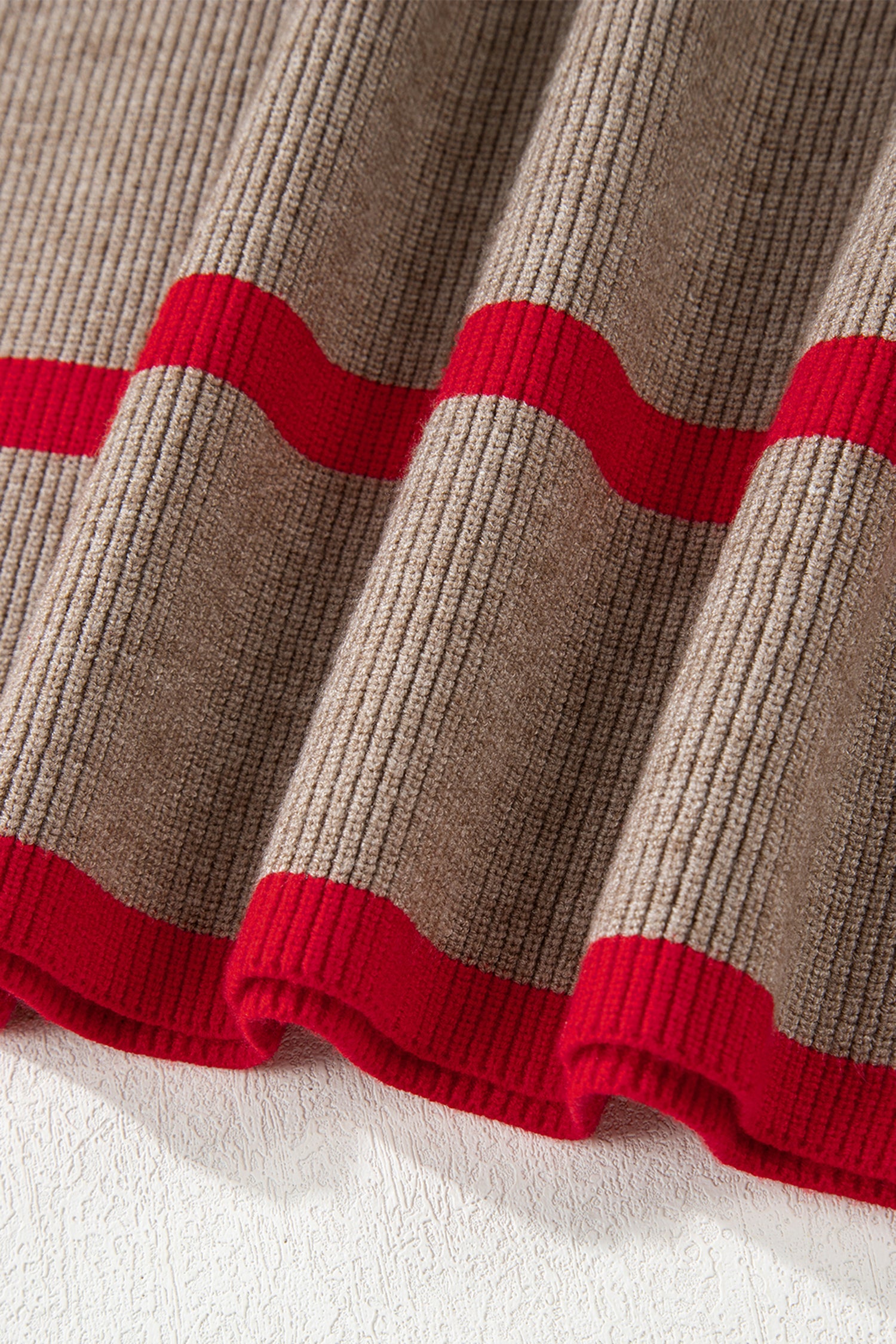 Simply Taupe Ribbed Knit Contrasted Stripe Detail Button Side Loose Sweater