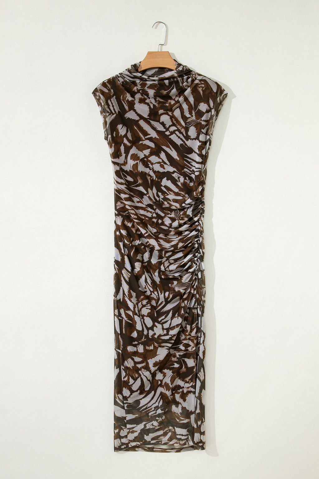 Brown Abstract Print Mesh Cowl Neck Cap Sleeve Ruched Midi Dress with Slit