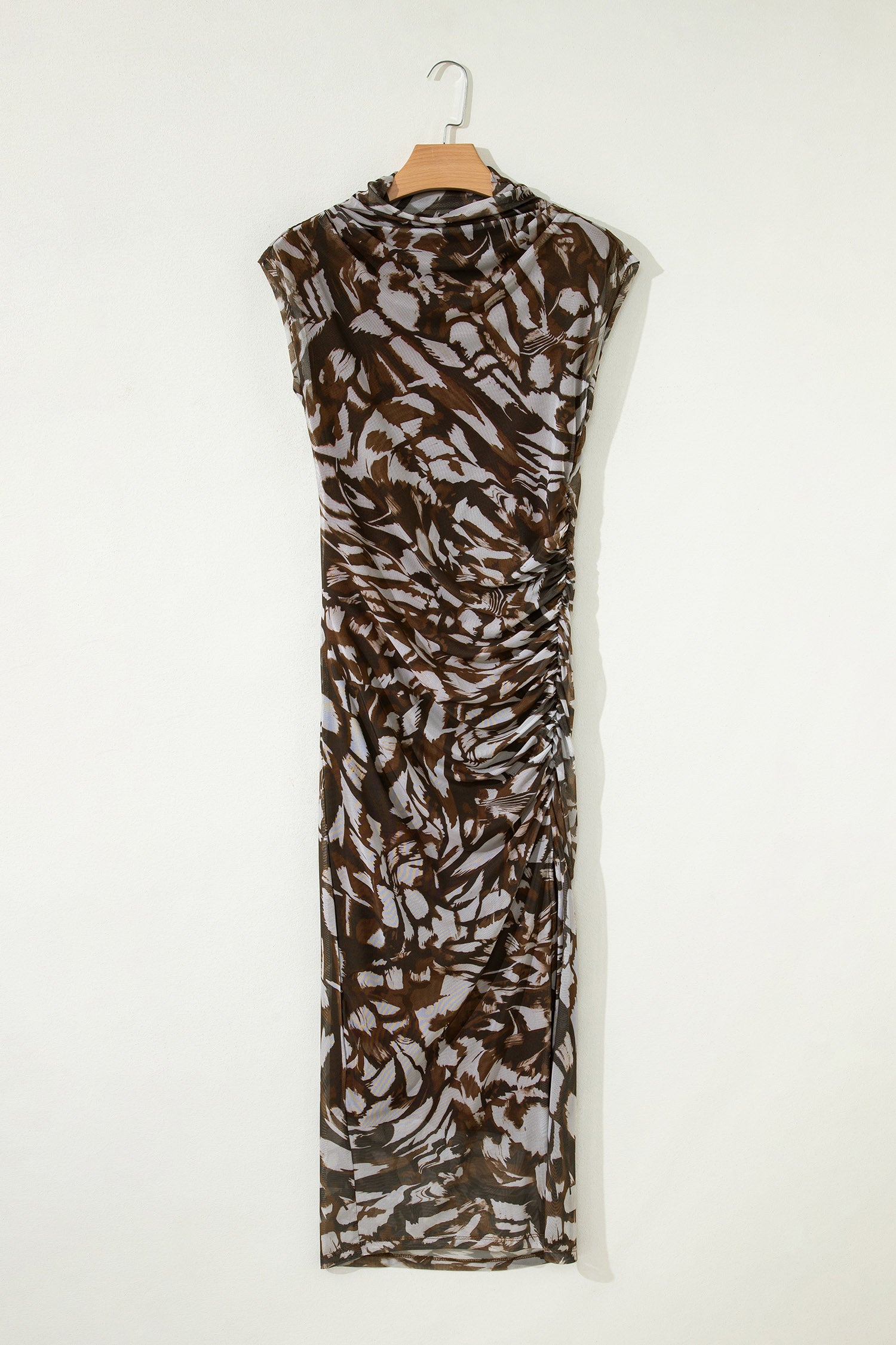 Brown Abstract Print Mesh Cowl Neck Cap Sleeve Ruched Midi Dress with Slit