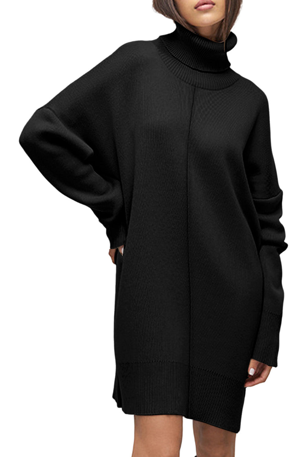 Black Solid Color Turtleneck Drop Shoulder Loose Sweater Dress
