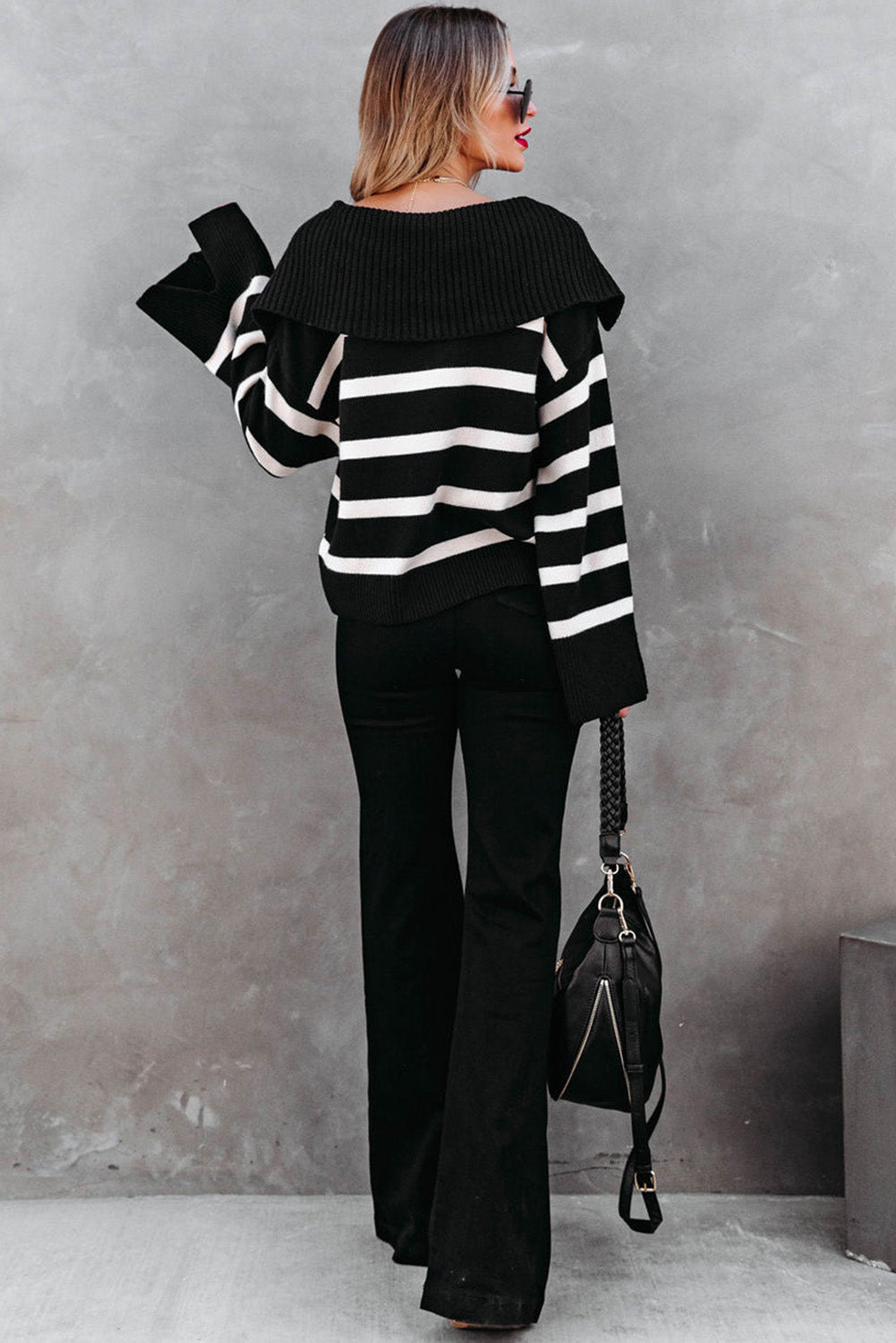 Black Caped V Neck Slit Sleeve Striped Sweater