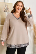 Parchment Leopard Patchwork V Neck Long Sleeve Plus Size Top