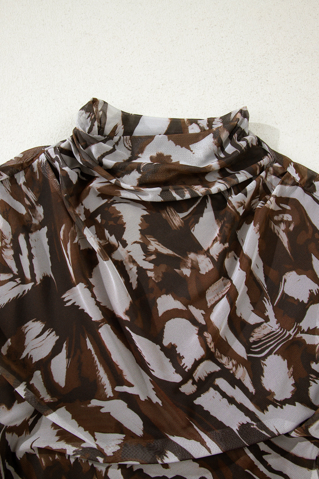 Brown Abstract Print Mesh Cowl Neck Cap Sleeve Ruched Midi Dress with Slit