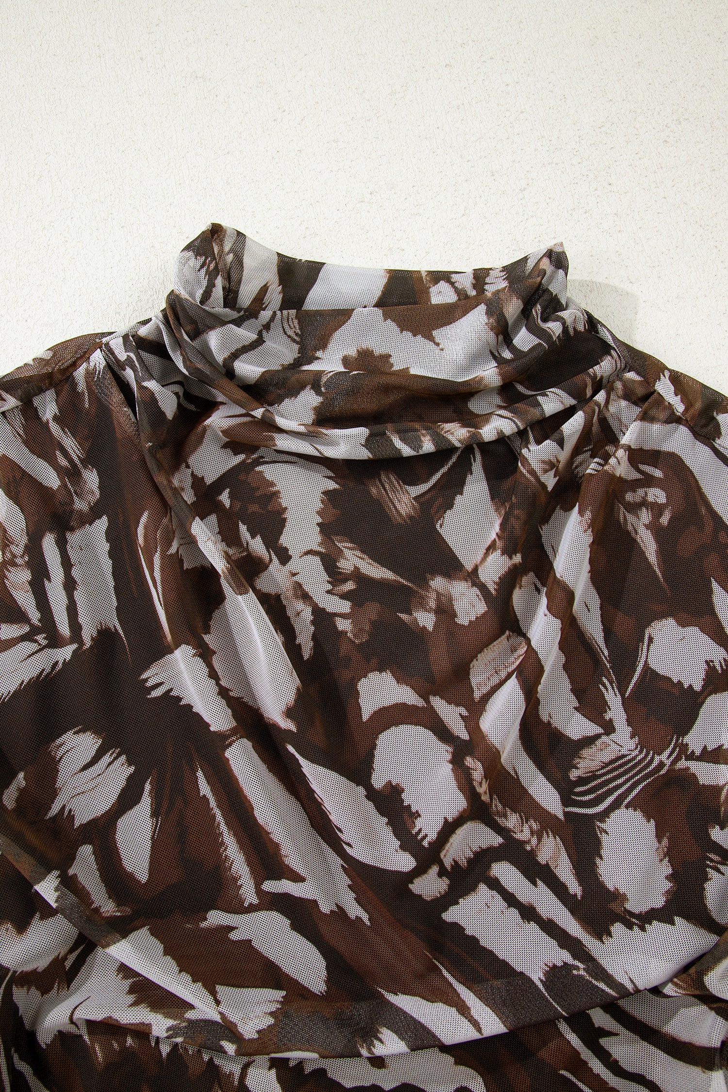 Brown Abstract Print Mesh Cowl Neck Cap Sleeve Ruched Midi Dress with Slit