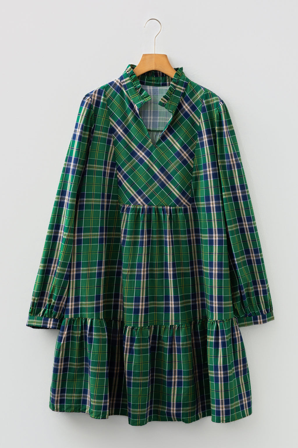 Green Plus Size Plaid Long Sleeve Notched Neck Shift Mini Dress