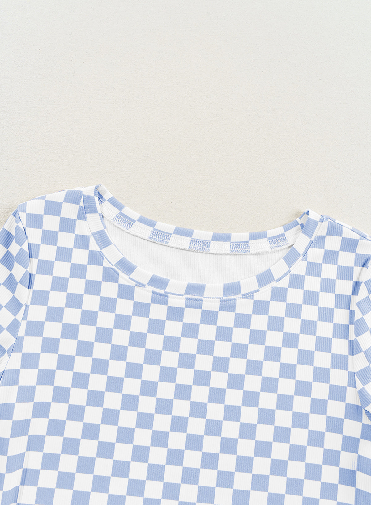 Sky Blue Checkered Ribbed Slim Fit Crew Neck T Shirt