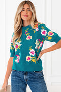 Blue Flower Pattern Mock Neck Short Sleeve Knitted T Shirt