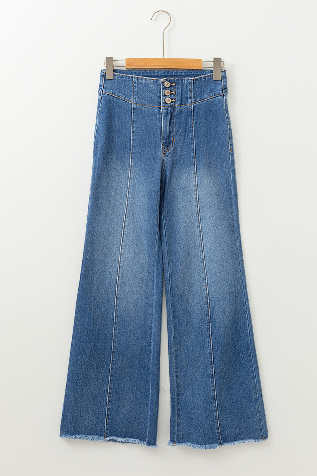 Sail Blue High Waist Button Fly Seamed Raw Hem Flare Jeans