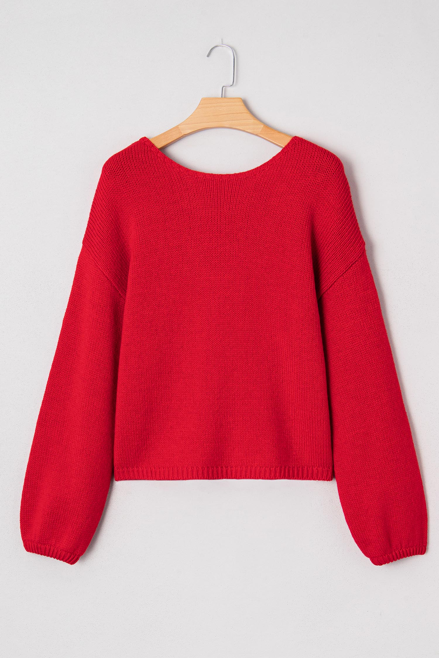 Fiery Red Festive Bow Backless Bubble Sleeve Sweater