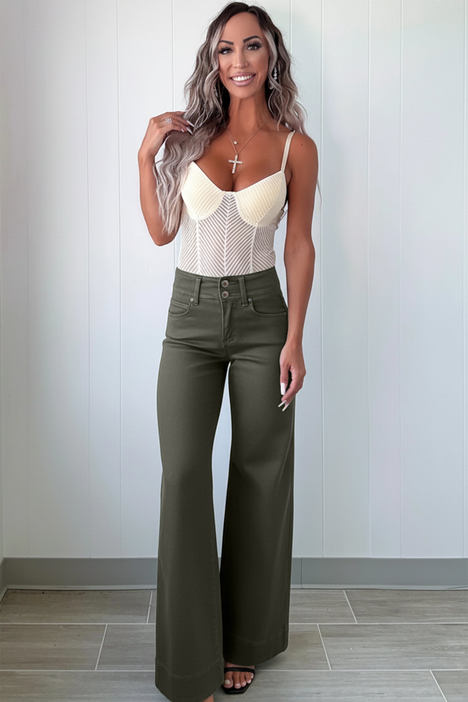 Mist Green 2-Button High Waist Flared Bottom Jeans