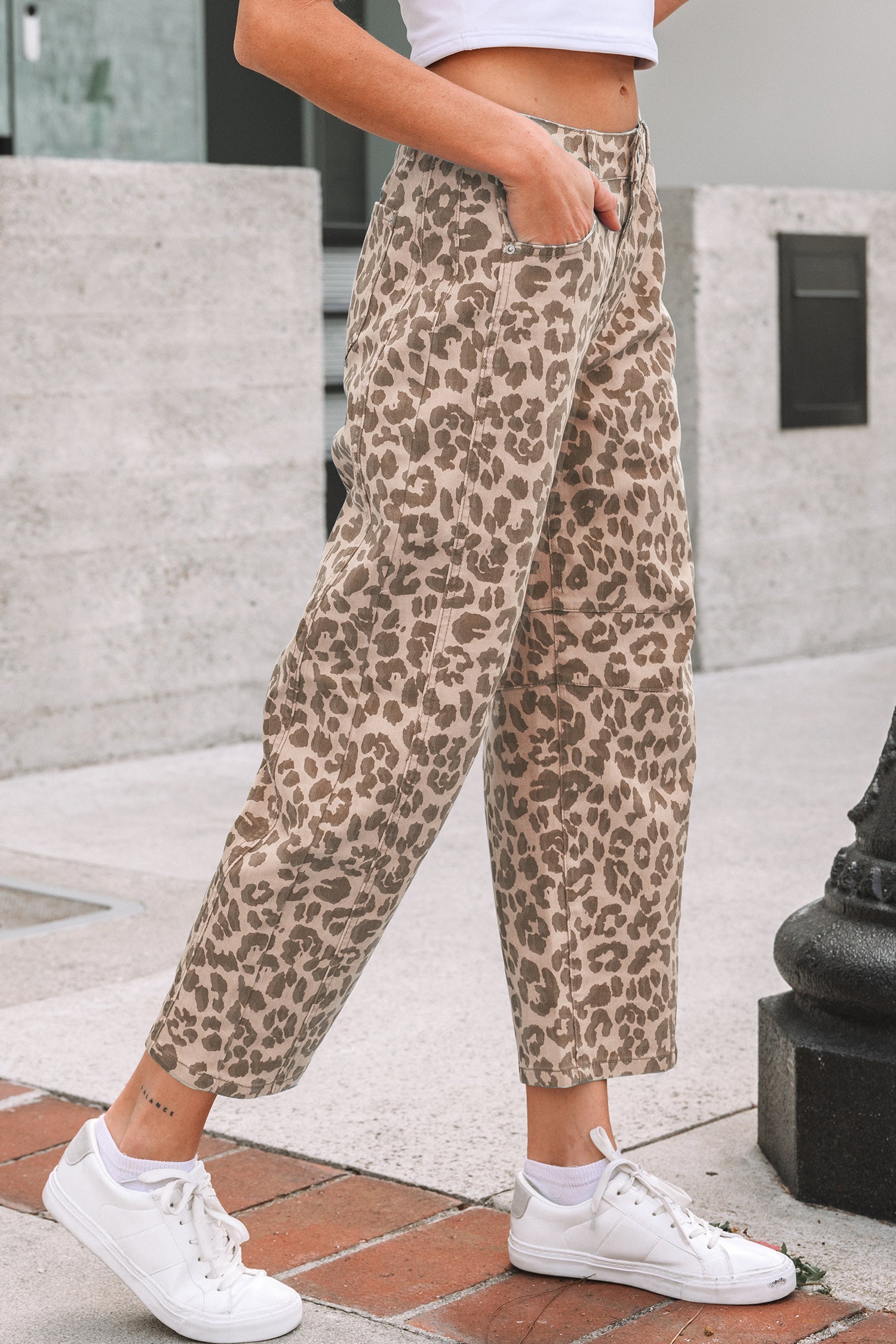 Khaki Leopard Print Straight Loose Jeans