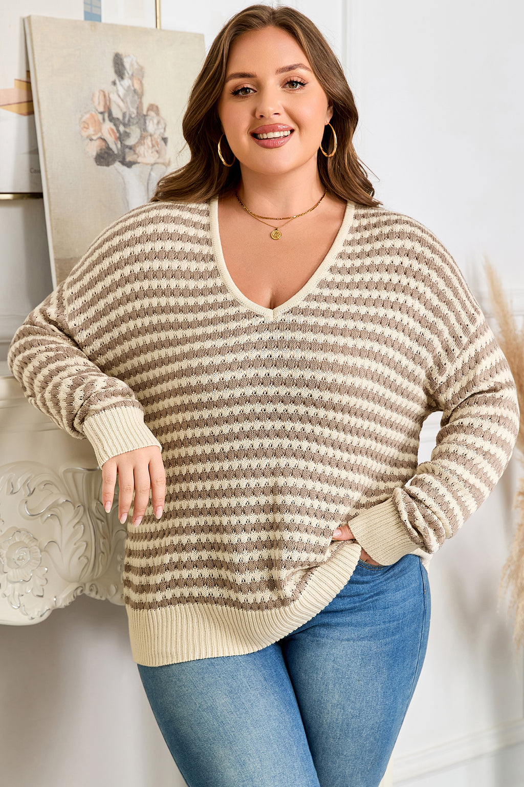Khaki Stripe Plus Size V Neck Drop Shoulder Sweater