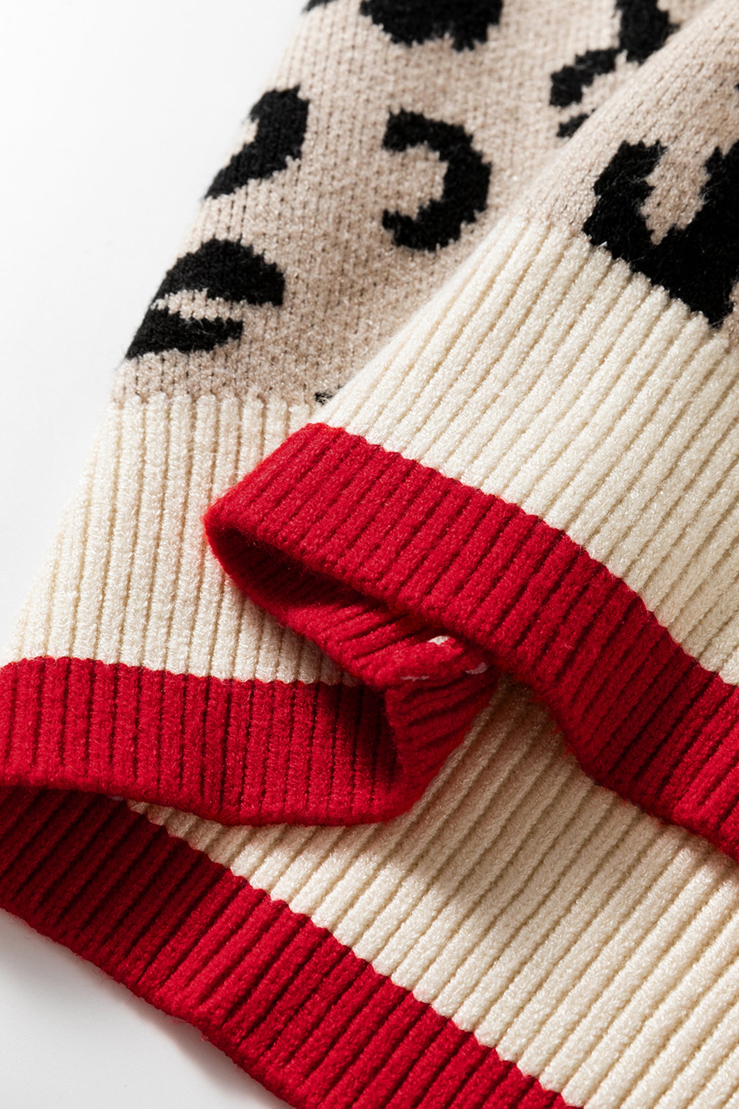 Khaki Leopard Pattern V-Neck Contrast Rib Knitted Sweater