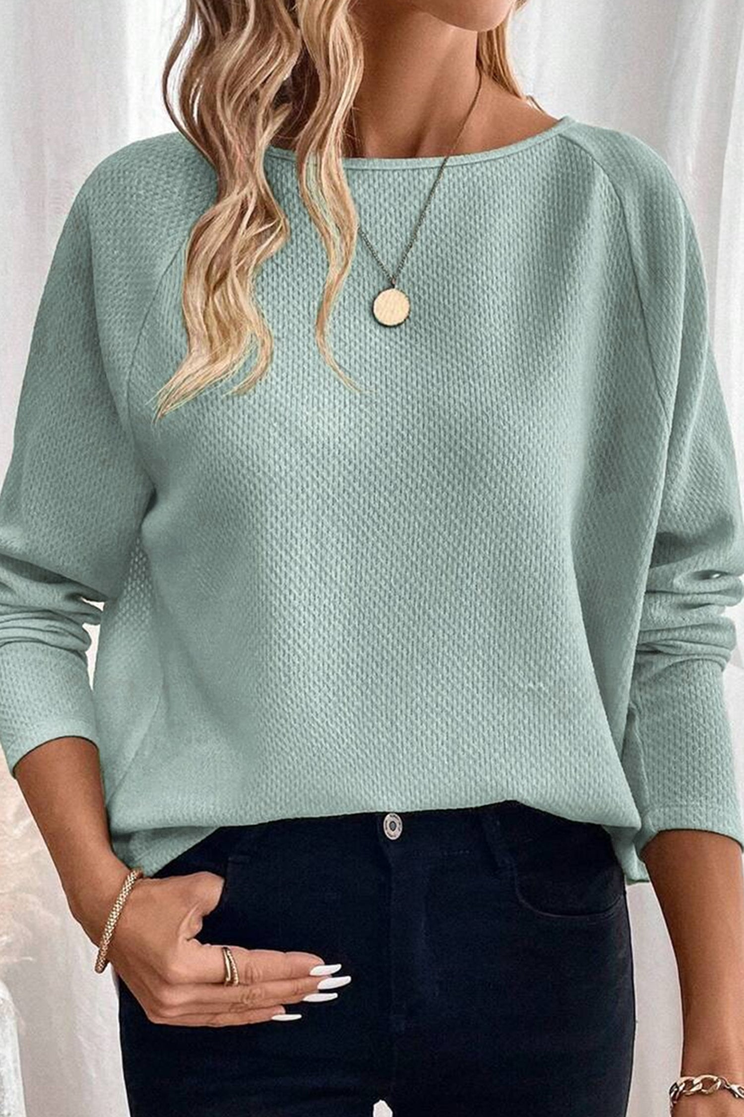 Moonlight Jade Textured Raglan Sleeve Knit Loose Top