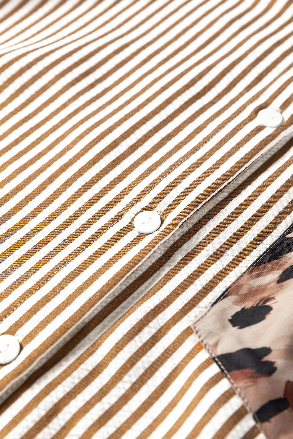 Brown Stripe Leopard Patched Collared Chest Pocket Cuffed Long Sleeve Plus Size Shirt